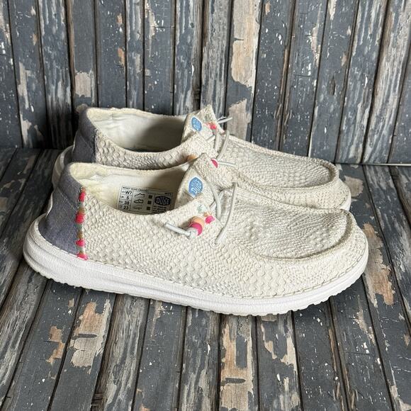 Hey Dude Shoes - HEY DUDE Wendy Boho White Crochet, Bead Deco, Women's 7